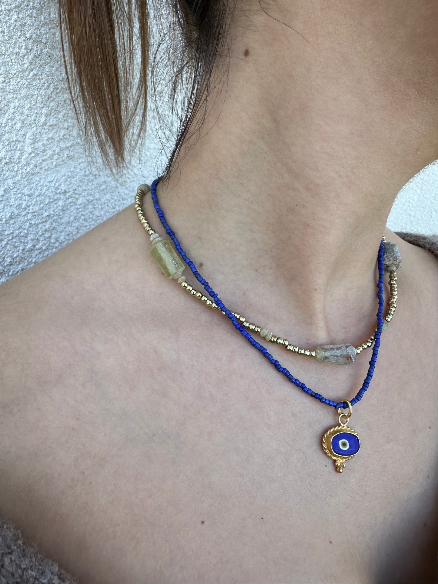 Blue Java Necklace with Evil Eye Pendant